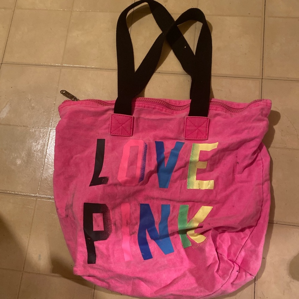 Victoria secret PINK large pink tote bag. Rainbow letters on from. Silver zipper